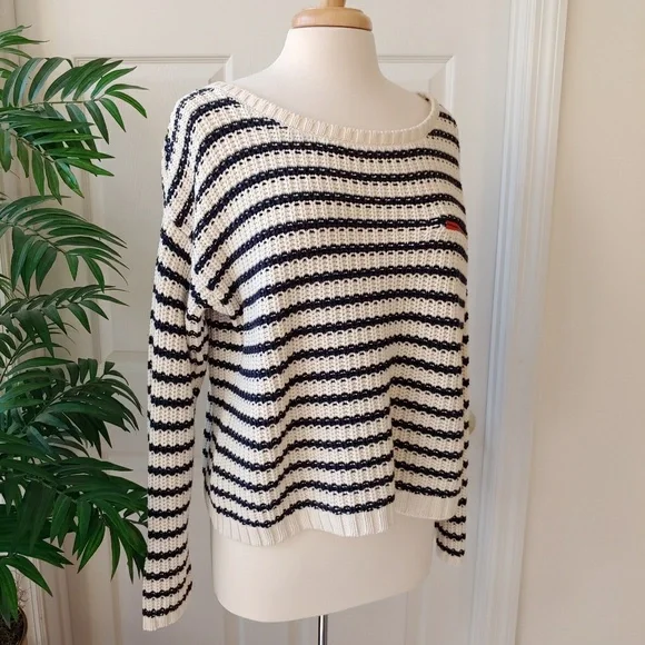 Tommy Hilfiger Chunky Knit Oversized Sweater Striped Black White Large - Picture 6 of 8
